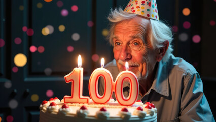 An older man wearing a party hat smiles at his 100th birthday cake with lit candles. Concept of a centennial birthday celebration.