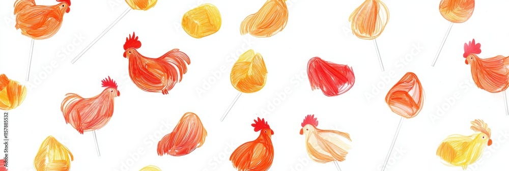Poster vibrant rooster lollipops in various colors on white background with space for additional text or de