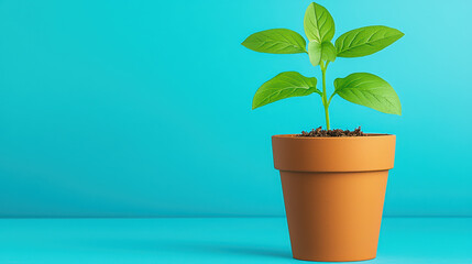 Obraz premium vibrant seedling grows in terracotta pot against bright blue background, symbolizing new beginnings and growth