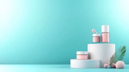 Elegant Pink Cosmetic Jars Mockup: 3D Render on Teal Background. AI Generated