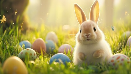 In a lovely Easter scene, a fluffy bunny is surrounded by colorful decorated eggs scattered in a sunlit meadow, symbolizing the joy of spring and festive celebrations that unite families