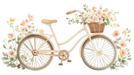 Fototapeta premium Vintage bicycle with a basket full of spring flowers in a cheerful garden setting with room for text. Generative AI