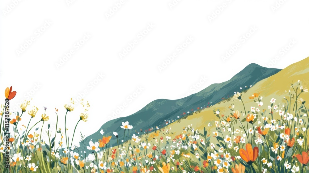 Poster doodle of mountain slopes with vibrant wildflowers and ample space for text and creativity. generati