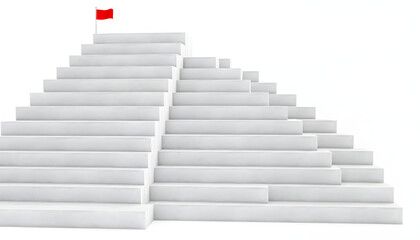 Concrete stair steps arranged progressively higher, ending with a red flag on the highest step. Isolated on a white background, concept of success. 3D Rendering, 8k. isolated with white highlights