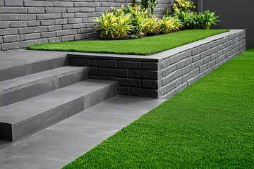 [A quaint English cottage garden nestled in a backyard surrounded by brown paved surfaces and a green lawn]