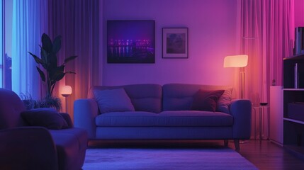 The living room's interior features a comfortable grey sofa, an armchair, and bright lighting.