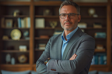 Fototapeta premium A man in a suit and glasses stands in front of a bookshelf