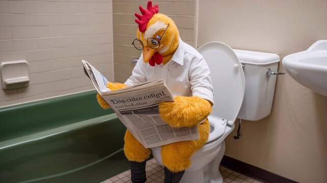 Anthropomorphic chicken sitting on toilet , reading newpaper