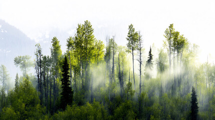 Misty Mountain Forest: Serene Wide Shot Photo of Sunlit Aspen Trees. AI Generated