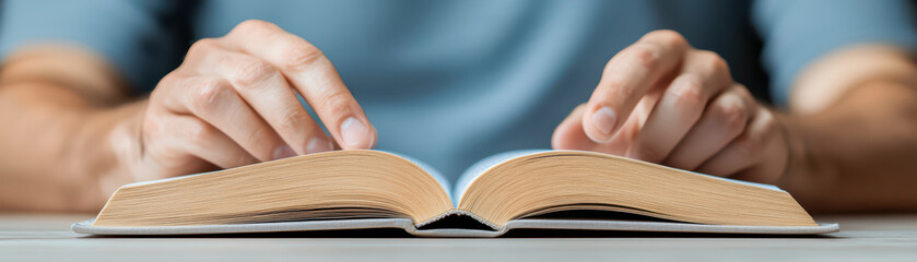 close up of adult reading self development book, focusing on pages and fingers. scene conveys sense of learning and personal growth