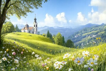 In a beautiful Easter landscape, a historic church stands proudly among vibrant flowers in a tranquil meadow under a radiant blue sky dotted with fluffy clouds, embodying the spirit of spring