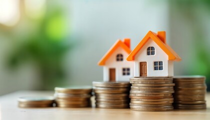 Miniature houses rest on stacks of coins. Financial concept home buying process using loans. Money funds for purchasing property. Photo shows money, property relation. Loan application process for