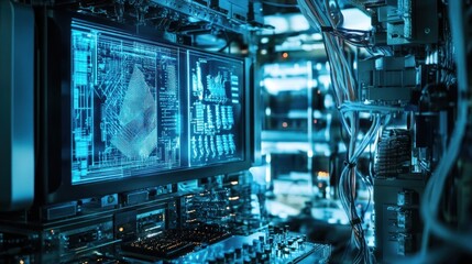 Fototapeta premium Futuristic server room with glowing monitors displaying data.
