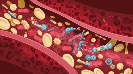 Illustration of the immune response in the bloodstream with antibodies among red and white blood cells representing active defense