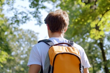 Fototapeta premium A person walking in nature with a backpack on a sunny day.