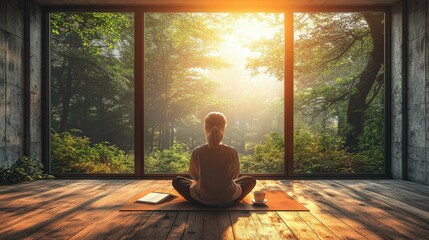 A serene scene depicting an individual, likely European, meditating in a cozy room with large windows overlooking a beautiful forest.
