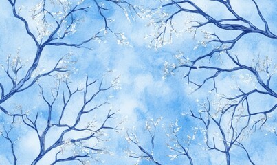 Abstract blue winter watercolor background. Snowy sky pattern on light blue watercolour paper. Modern water color design illustration.