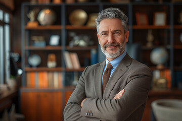 Fototapeta premium A man in a suit and tie is smiling and standing in front of a bookshelf