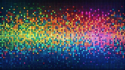 A stunning digital design featuring a vibrant pixelated gradient in rainbow colors with glowing effects, creating a futuristic and dynamic visual.
