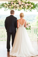Fototapeta premium Elegant wedding ceremony with caucasian couple in formal attire