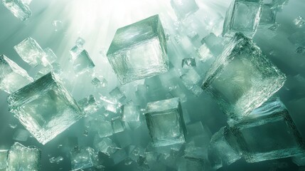 Floating translucent ice cubes in pale aqua tones, scattered dynamically in a weightless environment, evoking a futuristic and ethereal visual experience with intricate details. Background