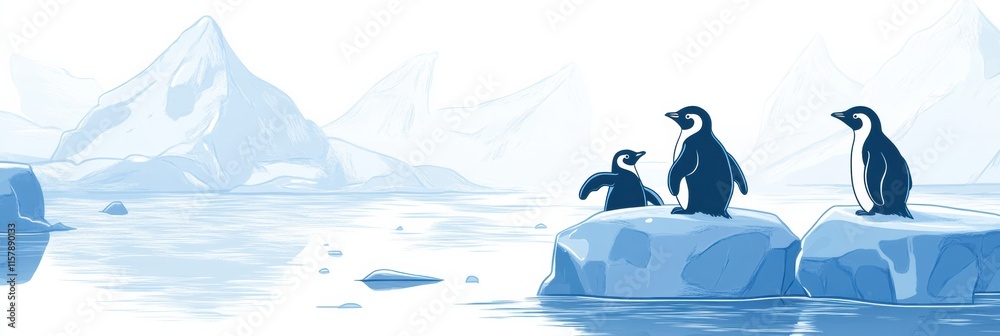 Fototapete Playful penguins on floating icebergs in a serene polar landscape with open space for text and creative mock up. Generative AI