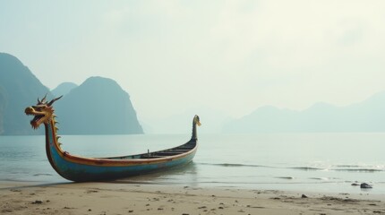 Obraz premium single dragon boat resting on the shore