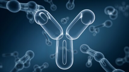 Photorealistic image of a 3D Y-shaped antibody model with soft shading highlighting its complex molecular structure on a deep blue gradient background