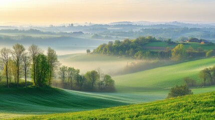 Naklejka premium Rustic Farming Landscape at Dawn with Panoramic View