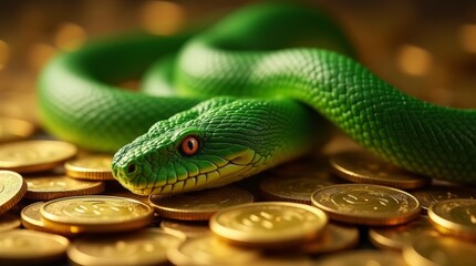 Obraz premium green snake coiled among a pile of shiny gold coins, with the vibrant green scales contrasting beautifully against the rich gold, perfect for themes of fortune and luck