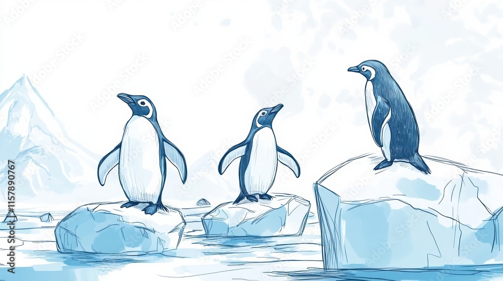 Leinwandbilder Playful penguins gather on floating icebergs in a cheerful winter landscape with open space for additional text. Generative AI
