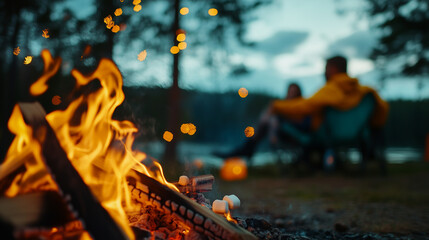 Friends enjoy storytelling and laughter around a cozy campfire at dusk by a serene lake