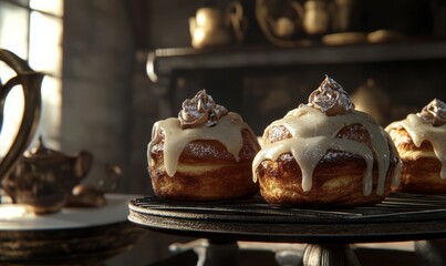 Freshly baked cinnamon rolls dripping with glaze, set on a cooling rack with soft shadows, inviting and rich textures,