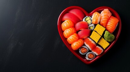 Premium Heart Shaped Sushi Platter with Vibrant Rolls and Wasabi on Black Background, Perfect for Valentine's Day Marketing and Exclusive Dining Promotions