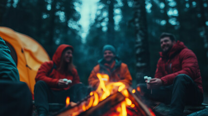 Friends enjoying a cozy campfire gathering in the woods during twilight