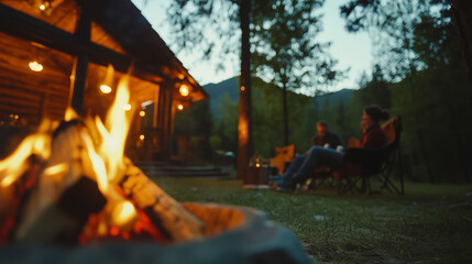 Friends gather around a warm campfire for an evening of laughs and stories in nature