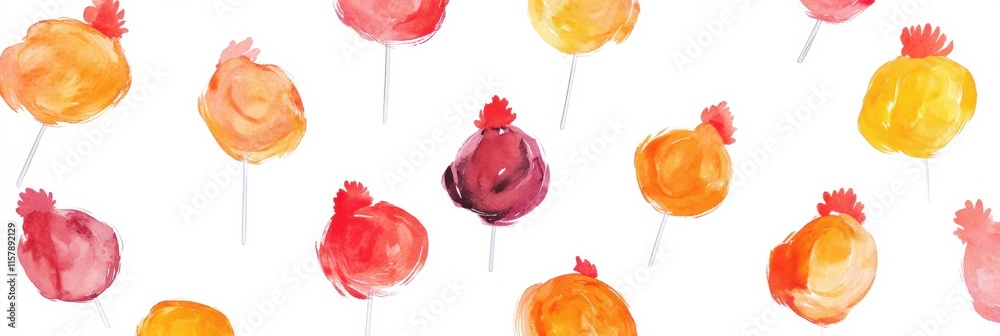 Poster vibrant rooster shaped lollipops in bright colors with empty space for creative text insertion. gene