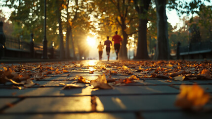 Friends enjoy jogging together in a park during a beautiful autumn evening