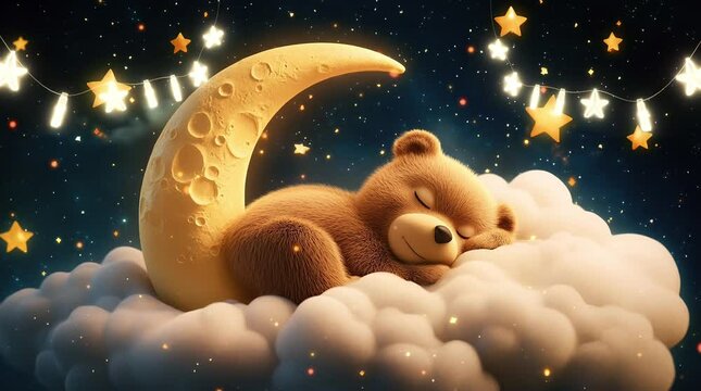 Gentle bear sleeping on a crescent moon surrounded by fluffy clouds and twinkling stars in a serene night sky  
Seamless looping 4k time-lapse virtual video animation Generated AI