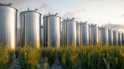 Fototapeta premium Silver Storage Tanks in Early Morning Light