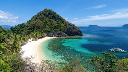 Fototapeta premium Serene Tropical Beach with Crystal Clear Water and Lush Greens