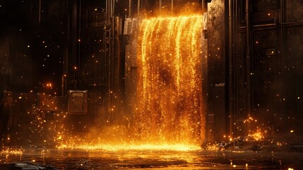 Molten metal flowing like a fiery waterfall in an industrial setting.