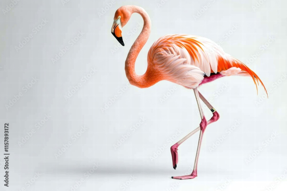 Poster Flamingo standing elegantly on one leg in a minimalist setting with ample space for text. Generative AI