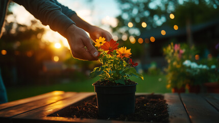 Planting colorful flowers in a backyard garden during sunset for a vibrant atmosphere