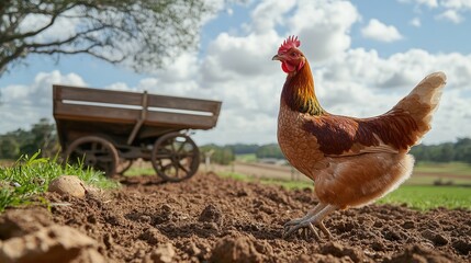 Fototapeta premium Chicken Walking on Farm Soil Near Rustic Wooden Cart Under Sky