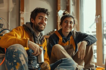 Couple takes break  enjoys coffee during DIY home renovation.