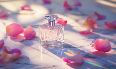 Luxury perfume bottle, crystal-cut design reflecting rainbow hues, surrounded by delicate rose petals on a marble surface, elegant minimalism,