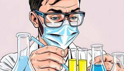 Man with safety glasses and blue mask is working with lab tubes, hand-drawn digital illustration. isolated with white highlights