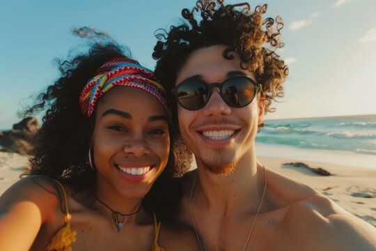 Young biracial couple having fun at beach taking selfie.