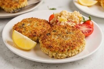 Crispy quinoa patties served with salad and lemon on a white plate